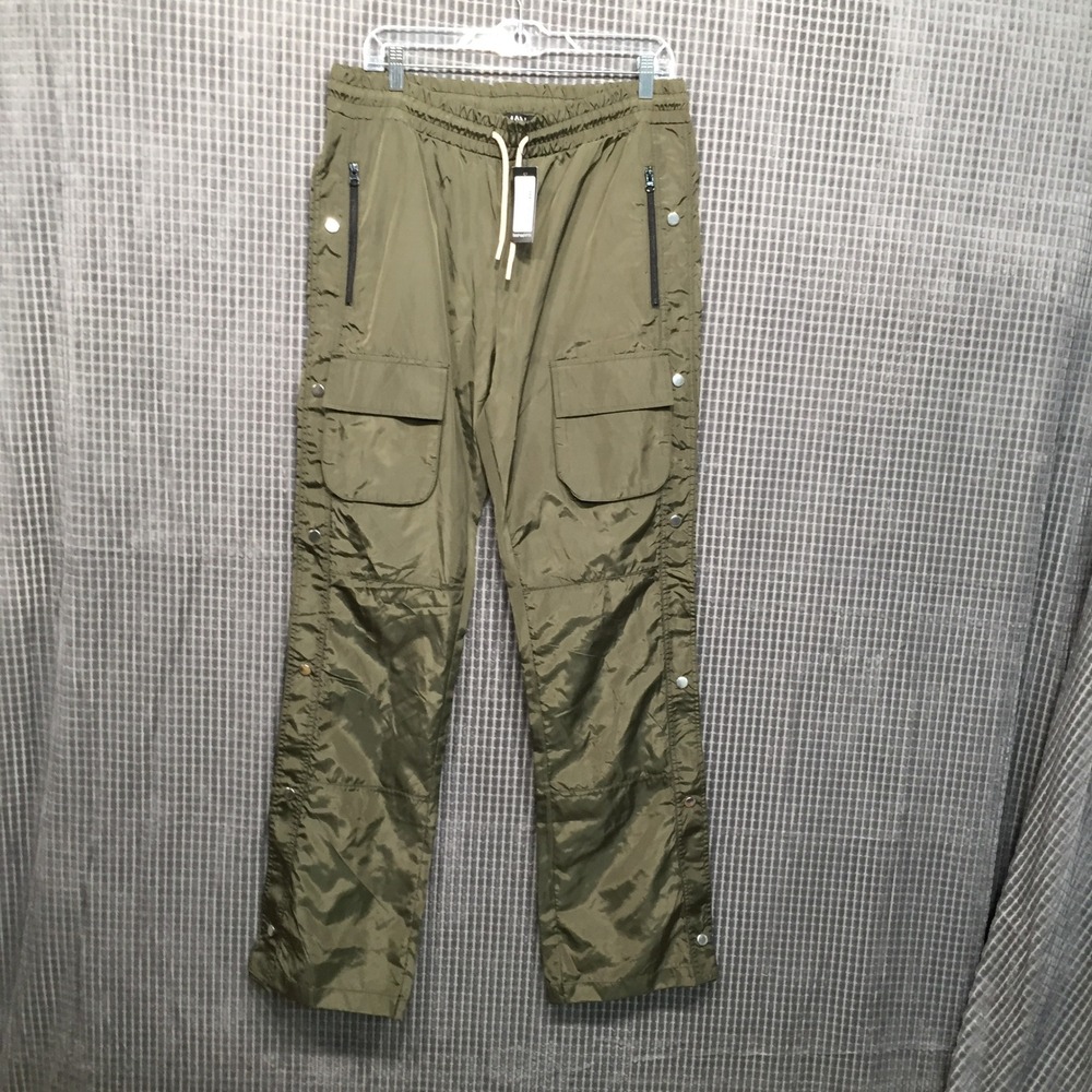 boohooMAN Mens Cargo Trousers L Khaki NEW Slim Flare Stacked Nylon Snap Side